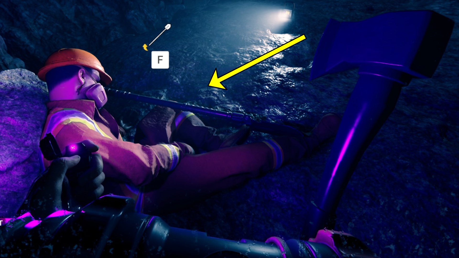 The player in Sons Of The Forest loots the Shovel from a corpse in a cave. - 9