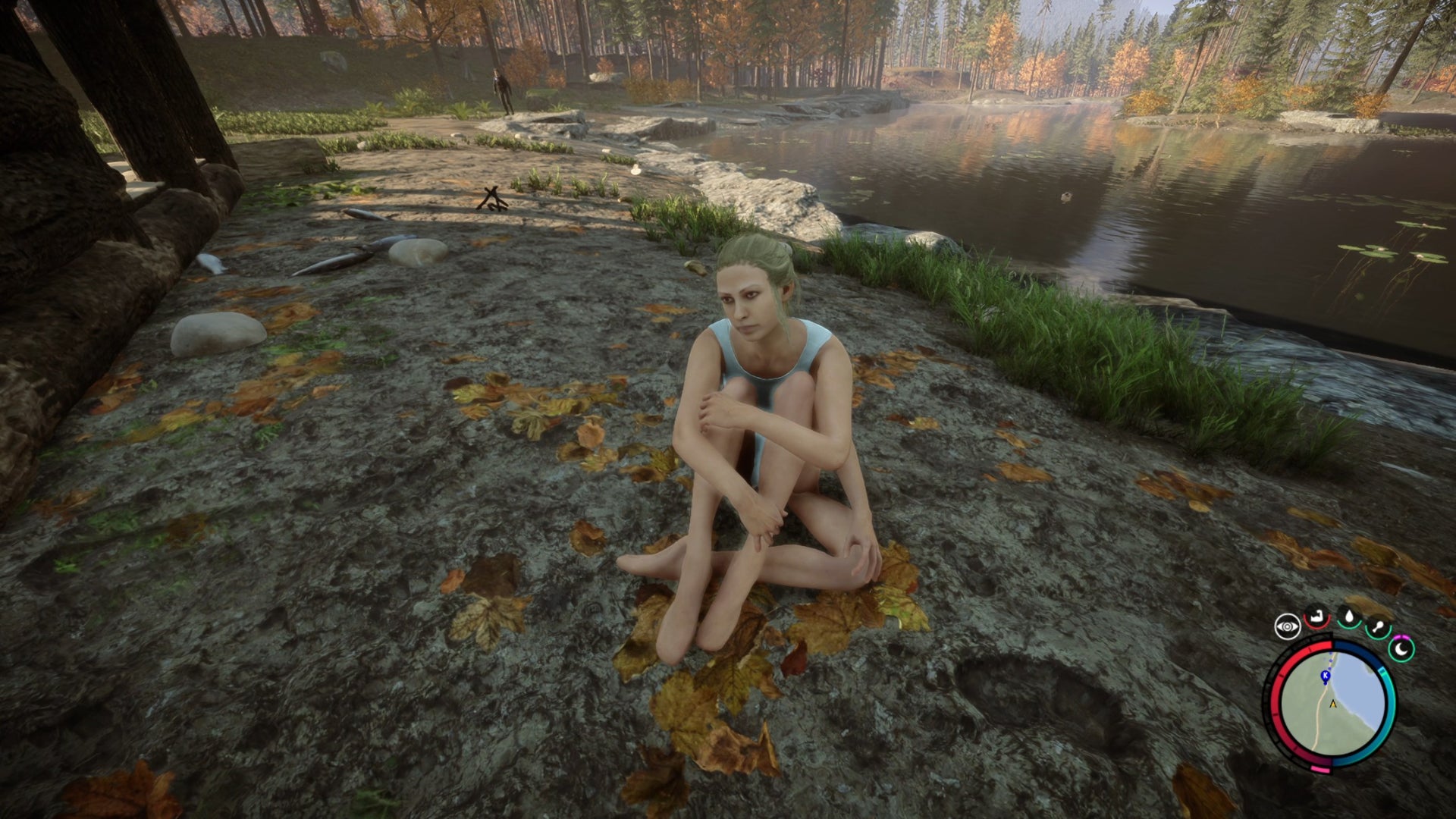 Virginia, an NPC companion in Sons Of The Forest, sits down next to a river and looks up at the player camera. - 1