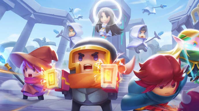 Artwork showing cute characters from Soul Knight engaged in battle.