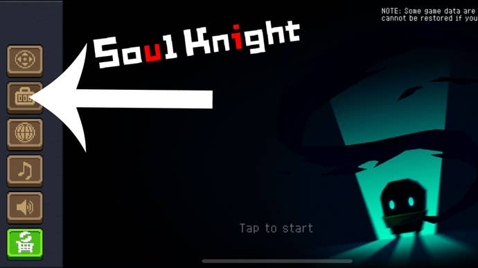 An image showing the main menu screen for free mobile game Soul Knight with an arrow pointing at the button players have to press to redeem a promo code.