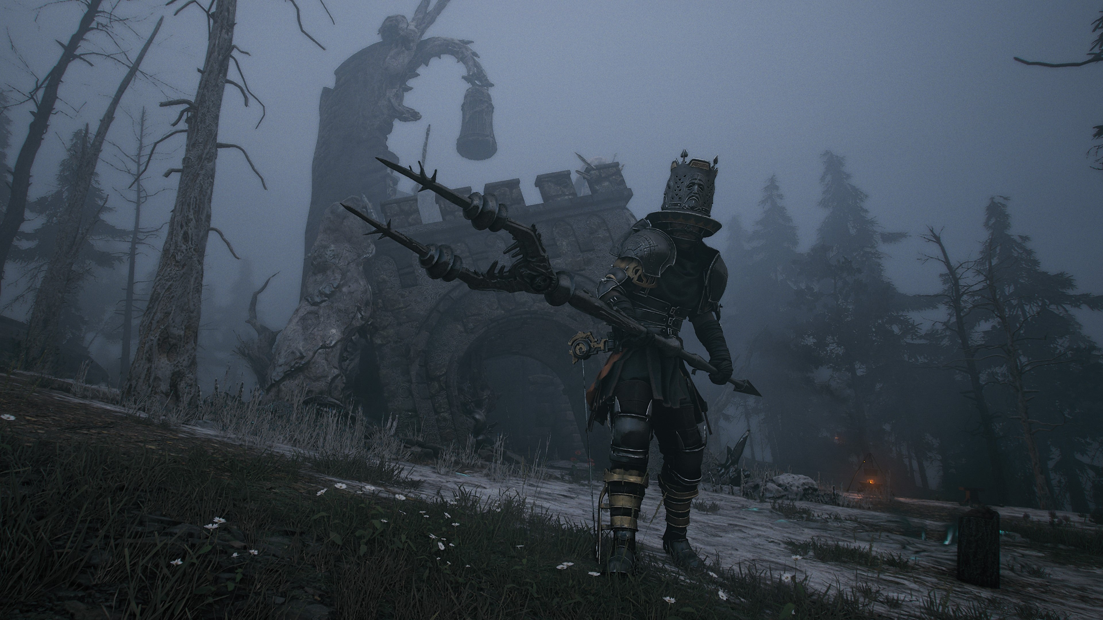 A knight wields a giant two-pronged fork in front of a misty castle in Soulframe