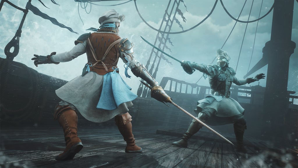 A human player and a spooky zombie-like fencer facing off on the deck of a sailing ship in Soulframe.