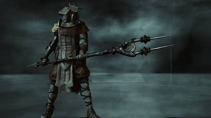 A Soulframe warrior successful armour branding a large forked stick