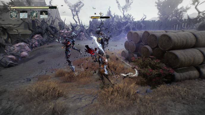 Hazel faces two enemies in battle.