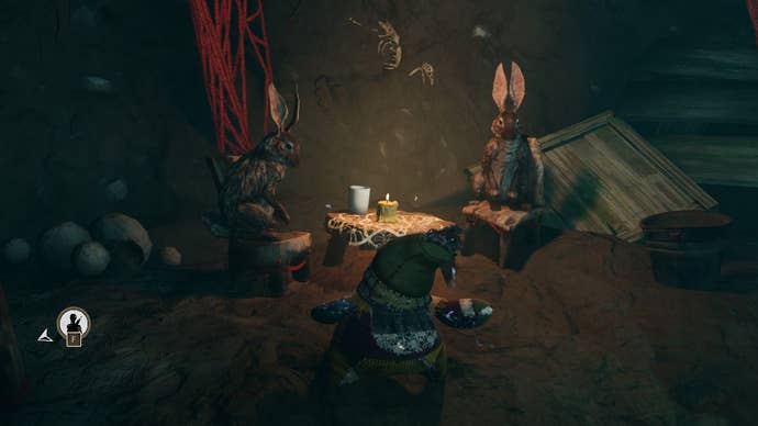 Hazel's stuffed animal buddy Crouton meets two rabbits in the basement.