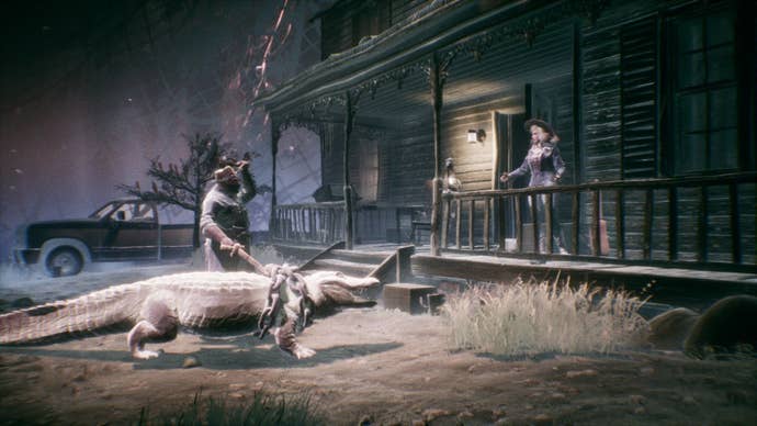 A flashback shows two ghostly figures conversing, one of whom is holding a crocodile on a leash.