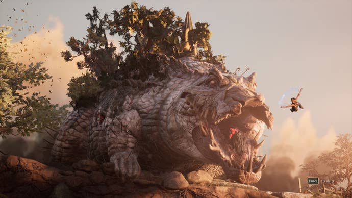 A giant crocodile snaps its jaws at Hazel as she flies away.