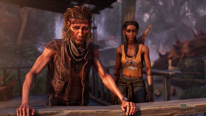 A swamp resident is talking to Hazel on the balcony, looking worried.