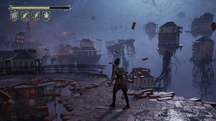 Hazel walks down a broken brick street that flows into the void.