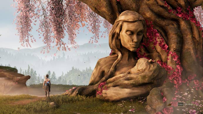 Hazel passes a tree shaped like a mother holding a child.