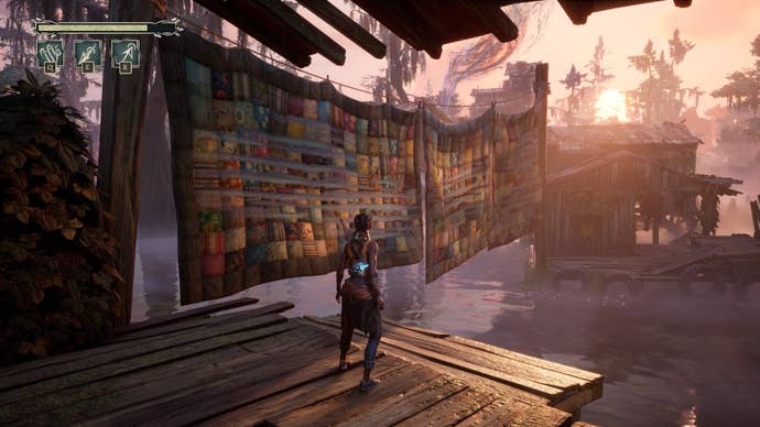 Hazel prepares to run along the rows of quilts.