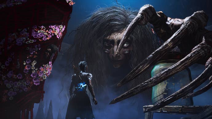 South of Midnight screenshot showing Hazel looking up at giant spider enemy