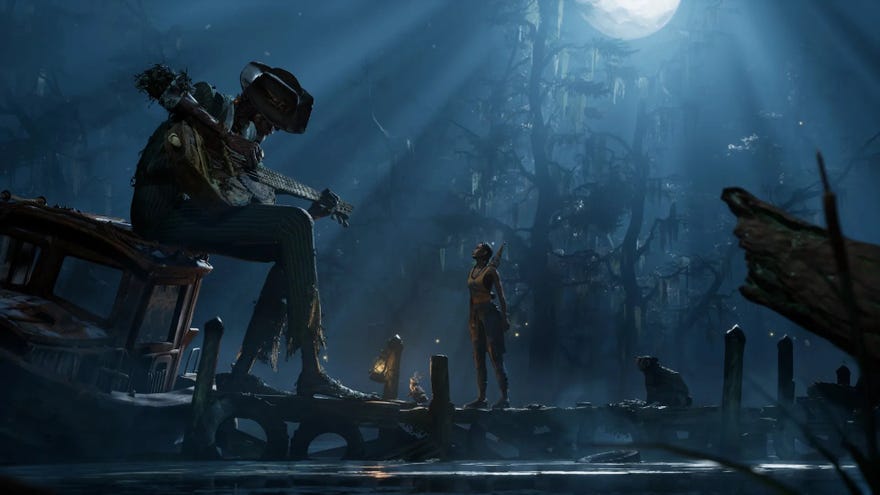 A young woman approaches a giant being playing a guitar in a swamp in South Of Midnight