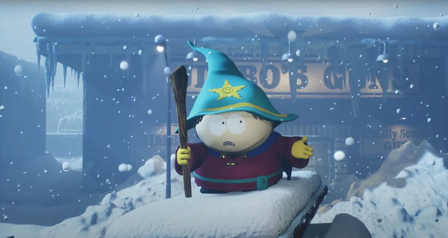 Cartman in 3D wearing wizard garb in South Park: Snow Day.