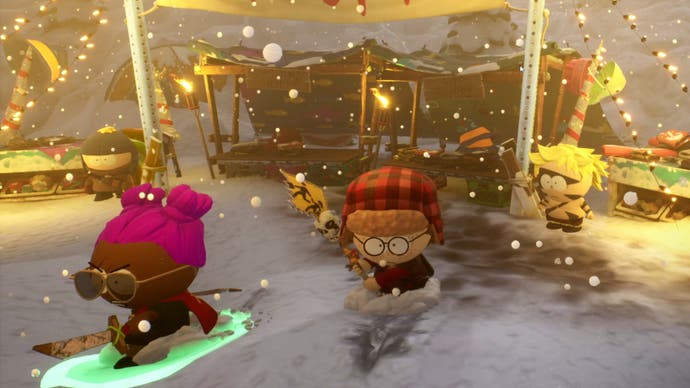 A South Park: Snow Day screenshot showing three characters running around in heavy snow.
