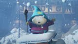 South Park's Cartman stands on a rooftop dressed as a wizard as heavy snow falls all around him.