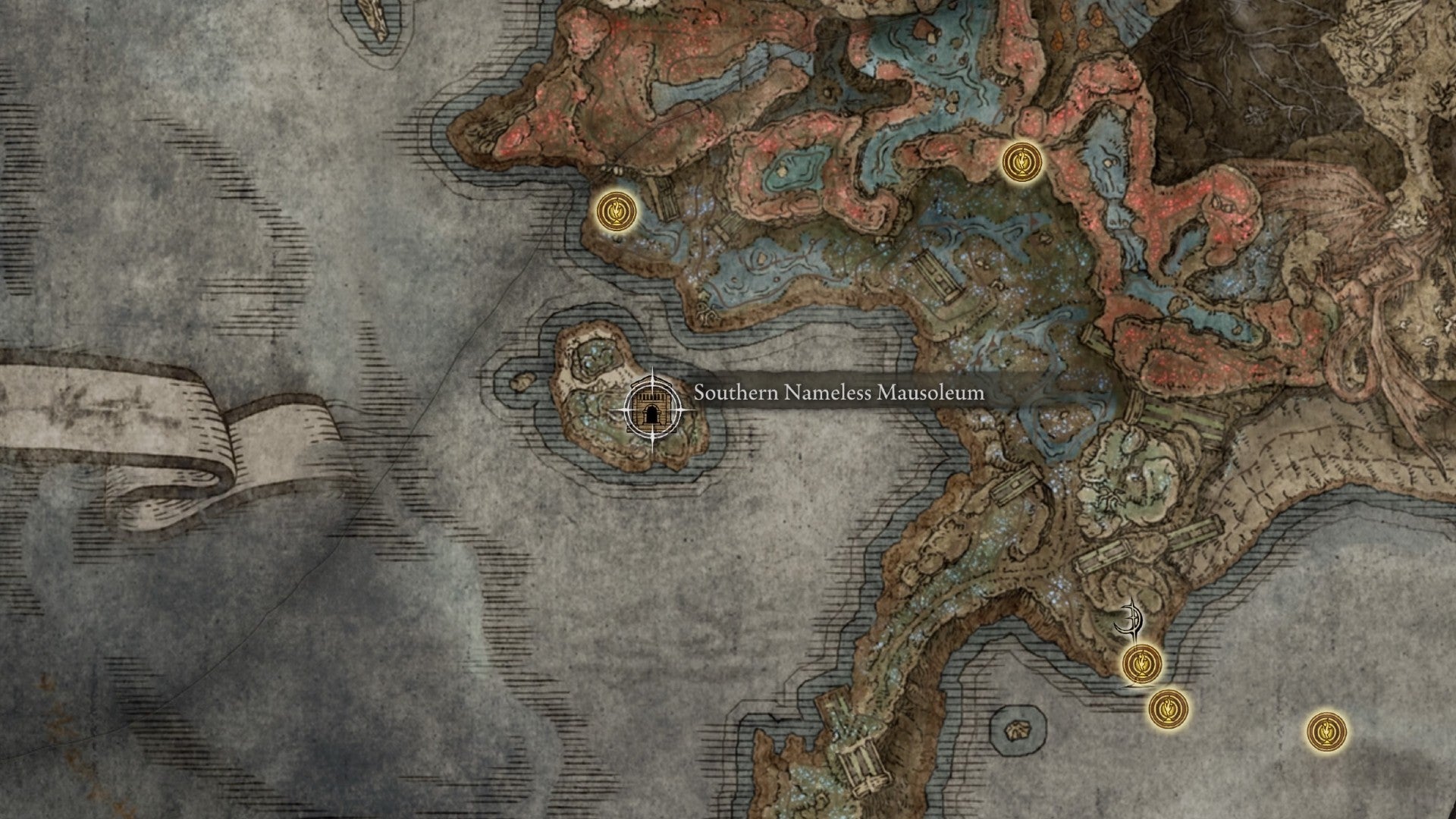 Southern Nameless Mausoleum location on the world map in Elden Ring: Shadow of the Erdtree. - 5