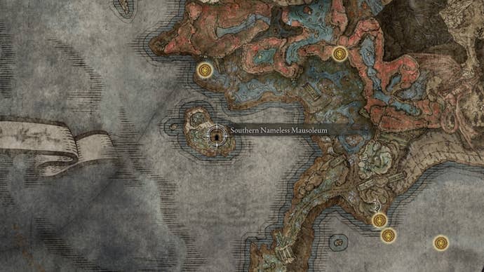 Southern Nameless Mausoleum location on the world map in Elden Ring: Shadow of the Erdtree.