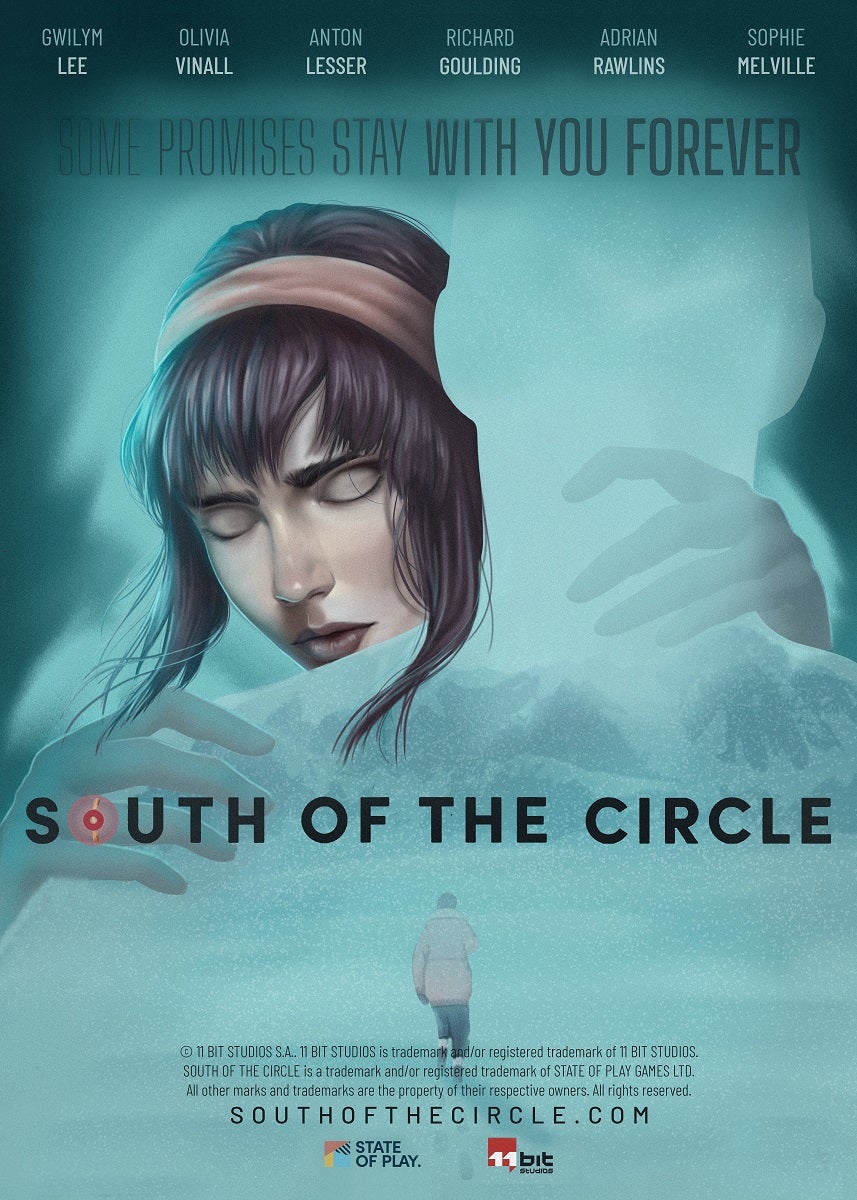 A poster advertising South of the Circle, showing a woman hugging what appears to be the ghost of a man, while a lonely figure trudges through a snowy environment. There&rsquo;s an eerie blue glow to it all.