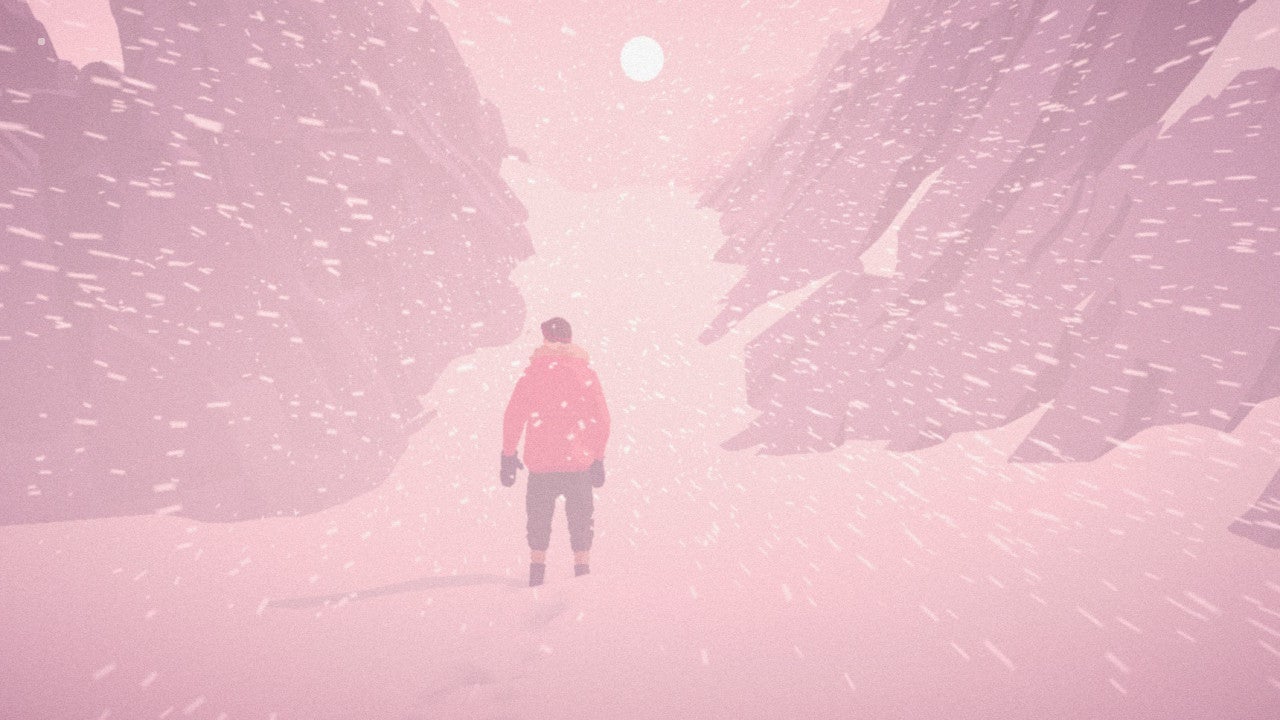 A man in polar exploration gear standing in a blizzard at sunset.