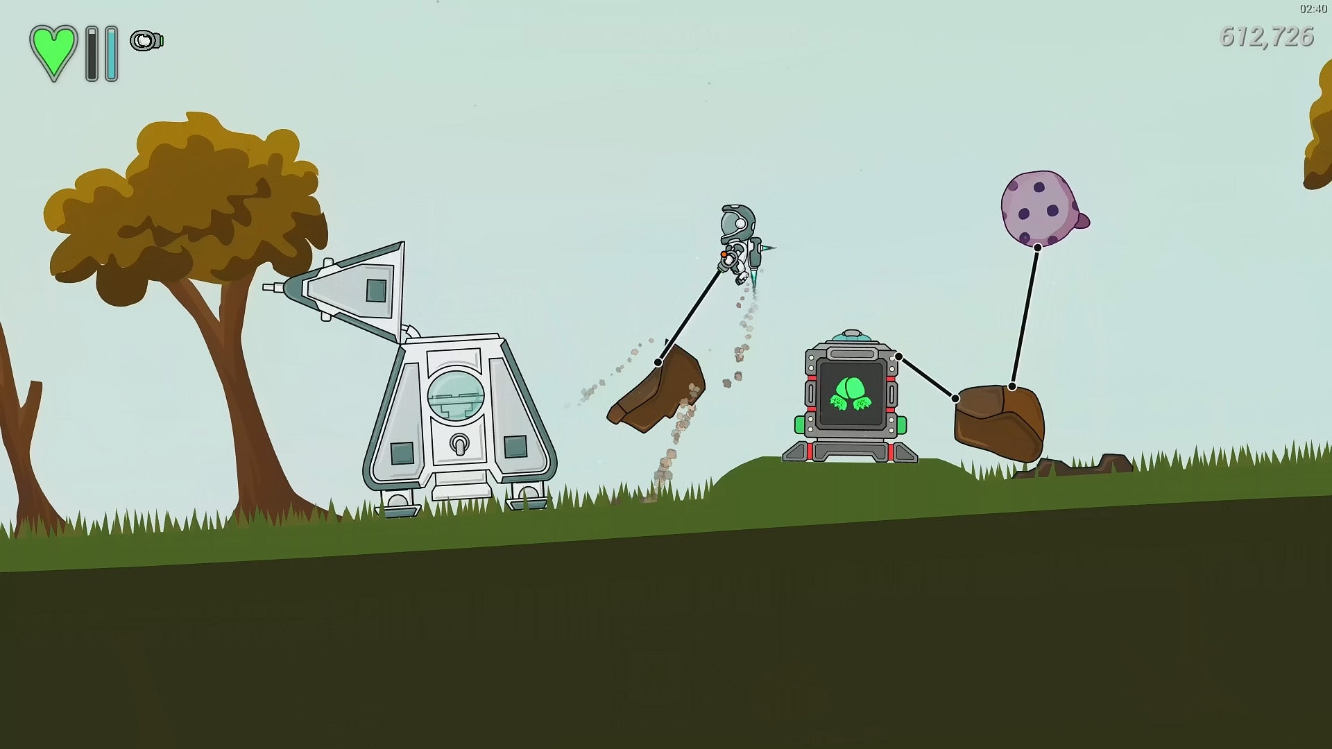 Space Bob tethers gathered resources to his lander ship on a procedurally generated planet surface in Space Bob vs. The Replicons.