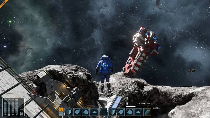 An astronaut in a blue spacesuit floats and inspects a crashed ship in the distance.