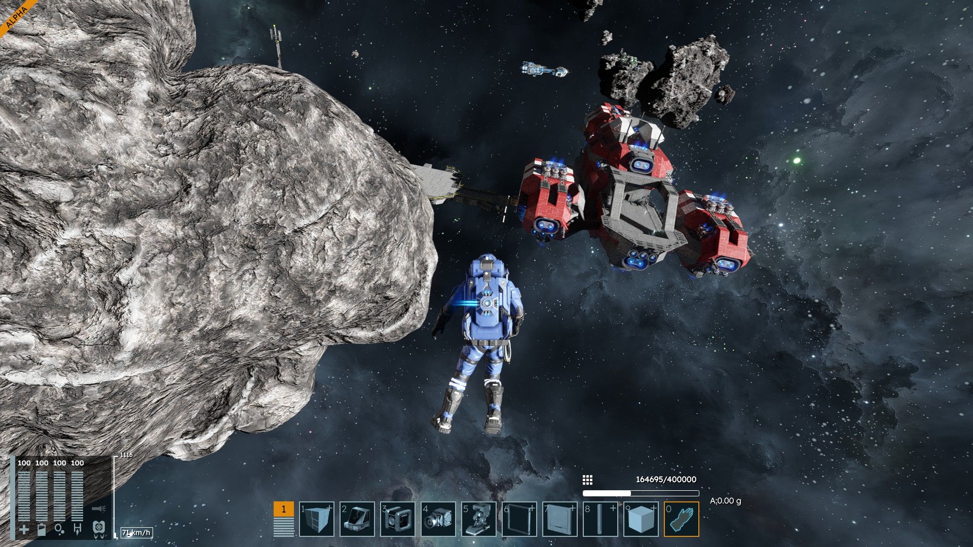 A blue astronaut floats with dangling legs out toward a red ship. - 4