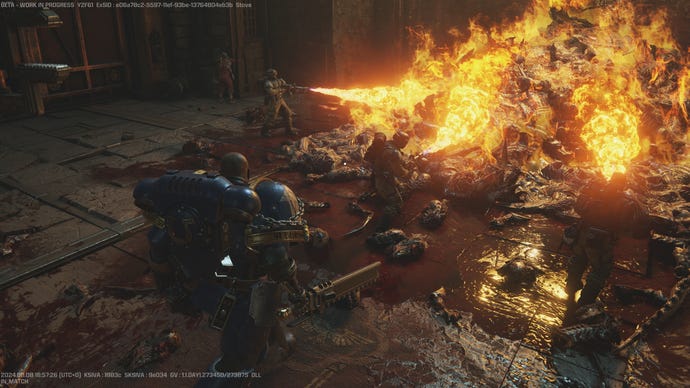 Imperial guard flamethrower a pile of tyranid corpses.