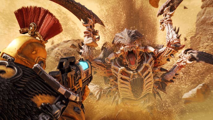 A Trygon erupts from the sand and attacks the player, who aims a rifle at the creature.