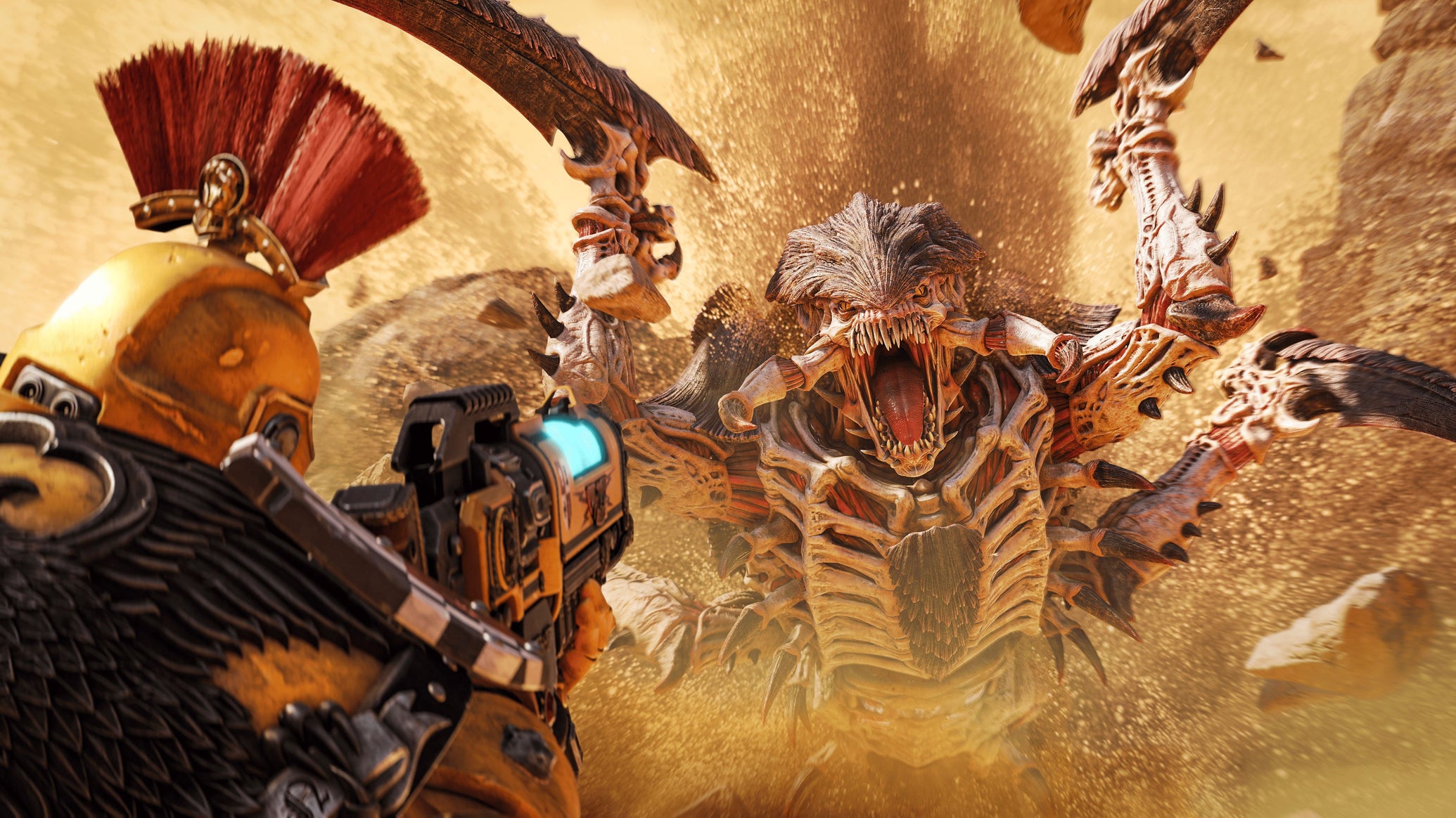 A Trygon erupts from the sand and attacks the player, who aims a rifle at the creature. - 1