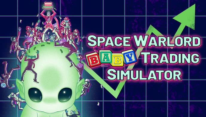 A logo for Space Warlord Baby Trading Simulator, with an alien babe and a graph arrow pointing upwards.