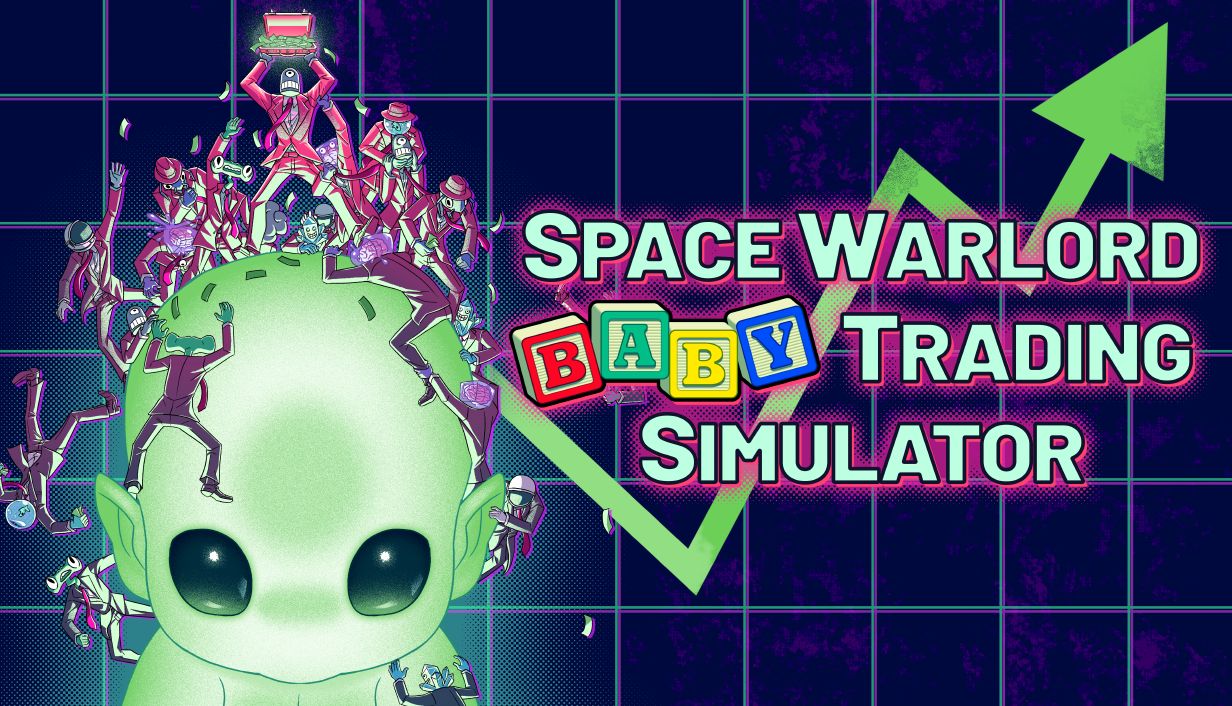 A logo for Space Warlord Baby Trading Simulator, with an alien baby and a graph arrow pointing upwards. - 1