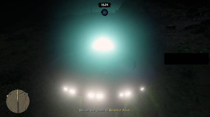 Red Dead Online - at night, a UFO fills up the screen, it’s a large turquoise light with several smaller white lights along the base, the rest is hard to see