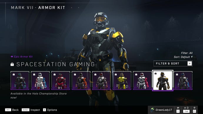 Halo Infinite’s Mark VII Armor Core, sporting the Spacestation Gaming Armor Kit customisation.
