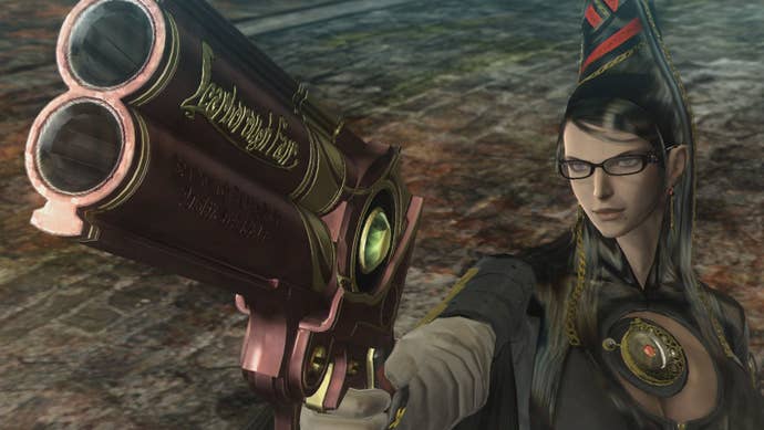 A gangly airy witch successful a catsuit with large hairsbreadth and specs holding a precise ample pinkish weapon - this being Bayonetta, from Platinum's crippled of the aforesaid name