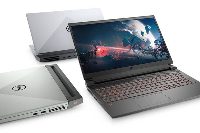 three Dell gaming laptops are pictured on a mysterious white plane, including the G15