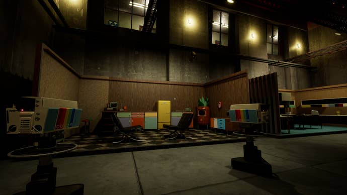 A neo-retro set three-walled TV set of a kitchen with bright cabinets and a yellow fridge, from immersive sim Spectra