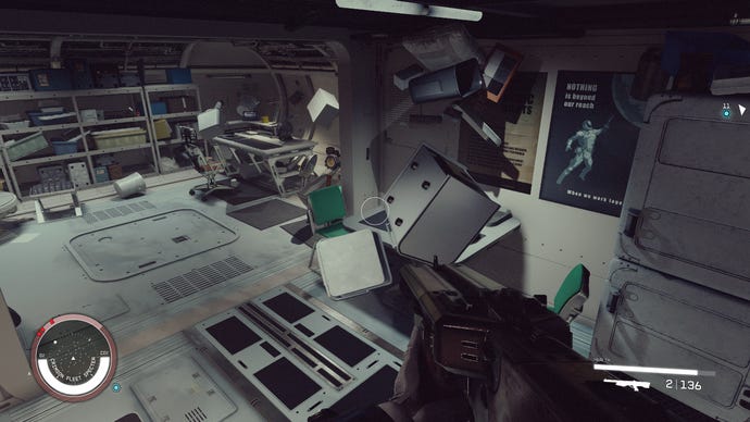 A room aboard a spaceship in Starfield with objects flying around in zero gravity.