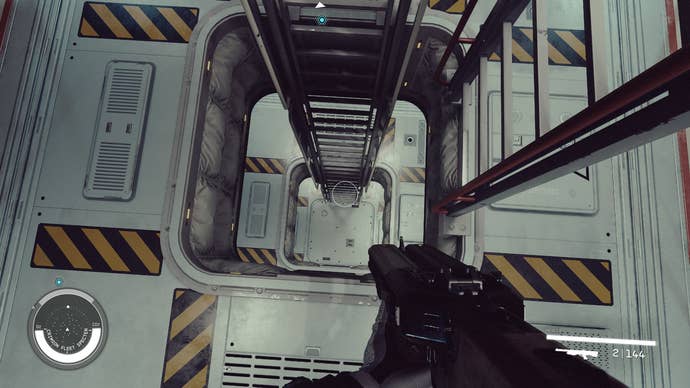 A hatchway view down through several levels of a spaceship in Starfield.