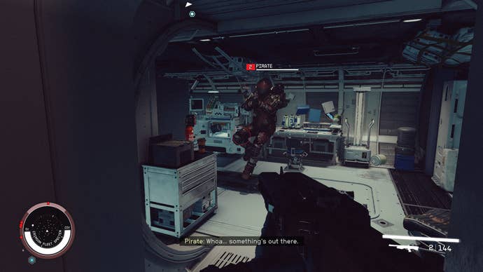 A space pirate flying around a corner in zero gravity in Starfield.