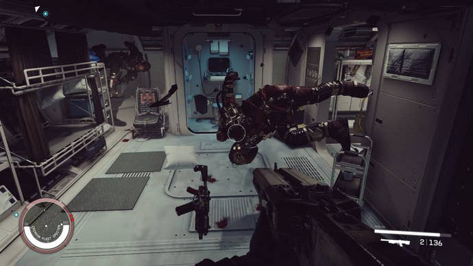 A room on a spaceship in Starfield with corpses floating in zero gravity.