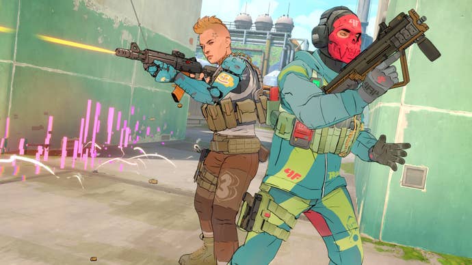 A person in a red mask is walking with an assault rifle, as a woman with a mohawk is firing an assault rifle at something else offscreen in a screenshot from Spectre Divide.