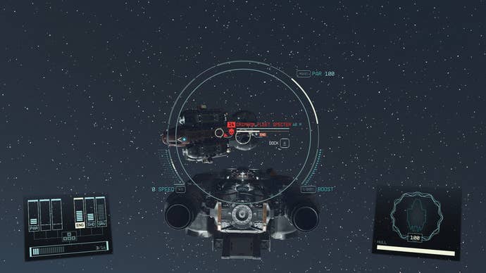 The player chasing a larger pirate vessel in Starfield.