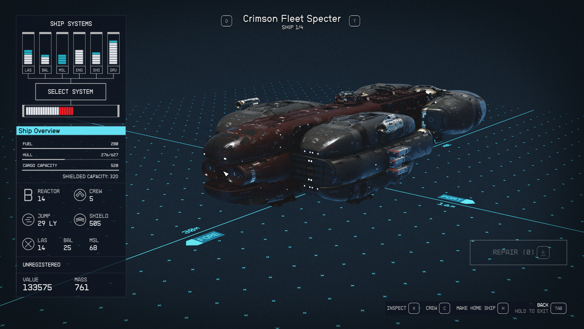 A hangar view of a relatively well-armed Crimson Fleet Spectre spaceship in Starfield.