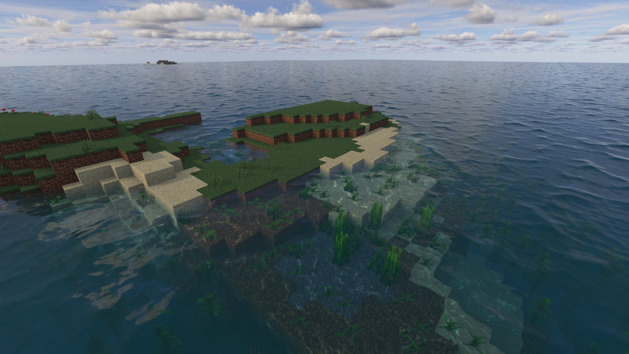 A treeless island in the middle of an ocean in Minecraft with Spectrum Shaders installed.