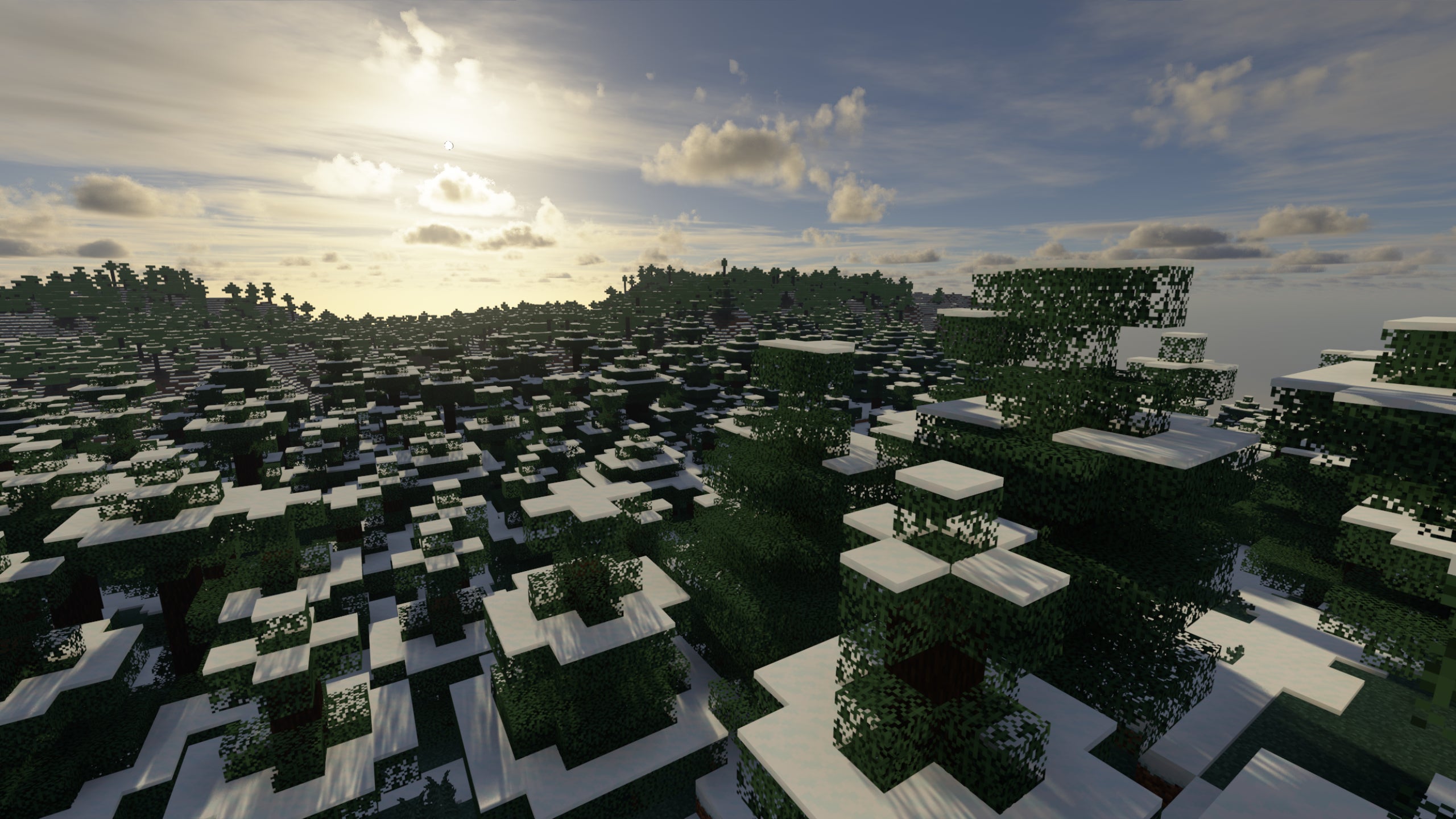 A snow-covered forest in Minecraft with Spectrum Shaders installed.