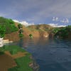 A screenshot of a river in Minecraft, with some trees on either side of the bank and a hill in the distance, taken using Spectrum Master shaders.