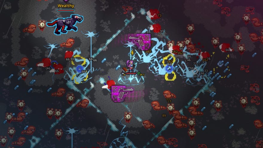 A pink-haired witch calls forth lightning bolts to smite waves of horrible demons in Spellbook Demonslayers.