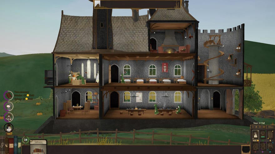 A side on cutaway of a small magic school castle in spellcaster University. It has seven rooms across three floors