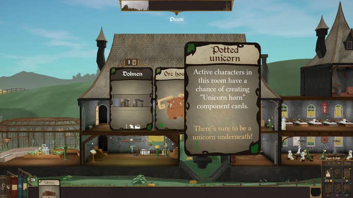 A draw of three cards in Spellcaster University. The selected card is for a potted unicorn, which has a chance to produce unicorn horns